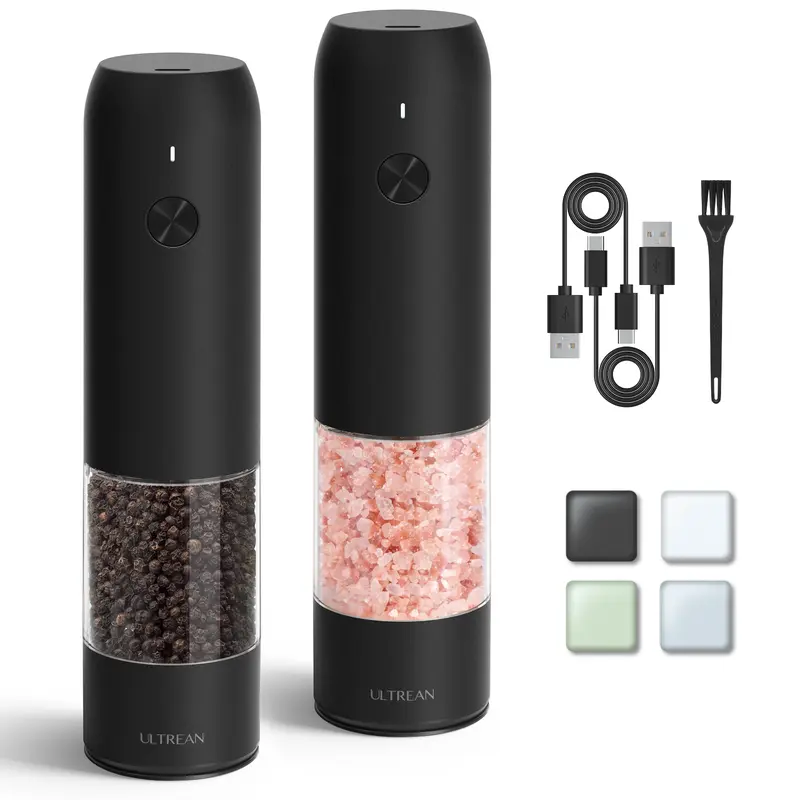 Ultrean Durable 2-Piece Rechargeable Salt and Pepper Grinder Set - Kitchenware Seasoning Utensils, 1-Touch Operation, 6 Adjustable Coarseness, LED Light, Efficient Auto Grinding, Quick-Clean Brush, Black Women's Gift, Salt and Pepper Shaker Alternative