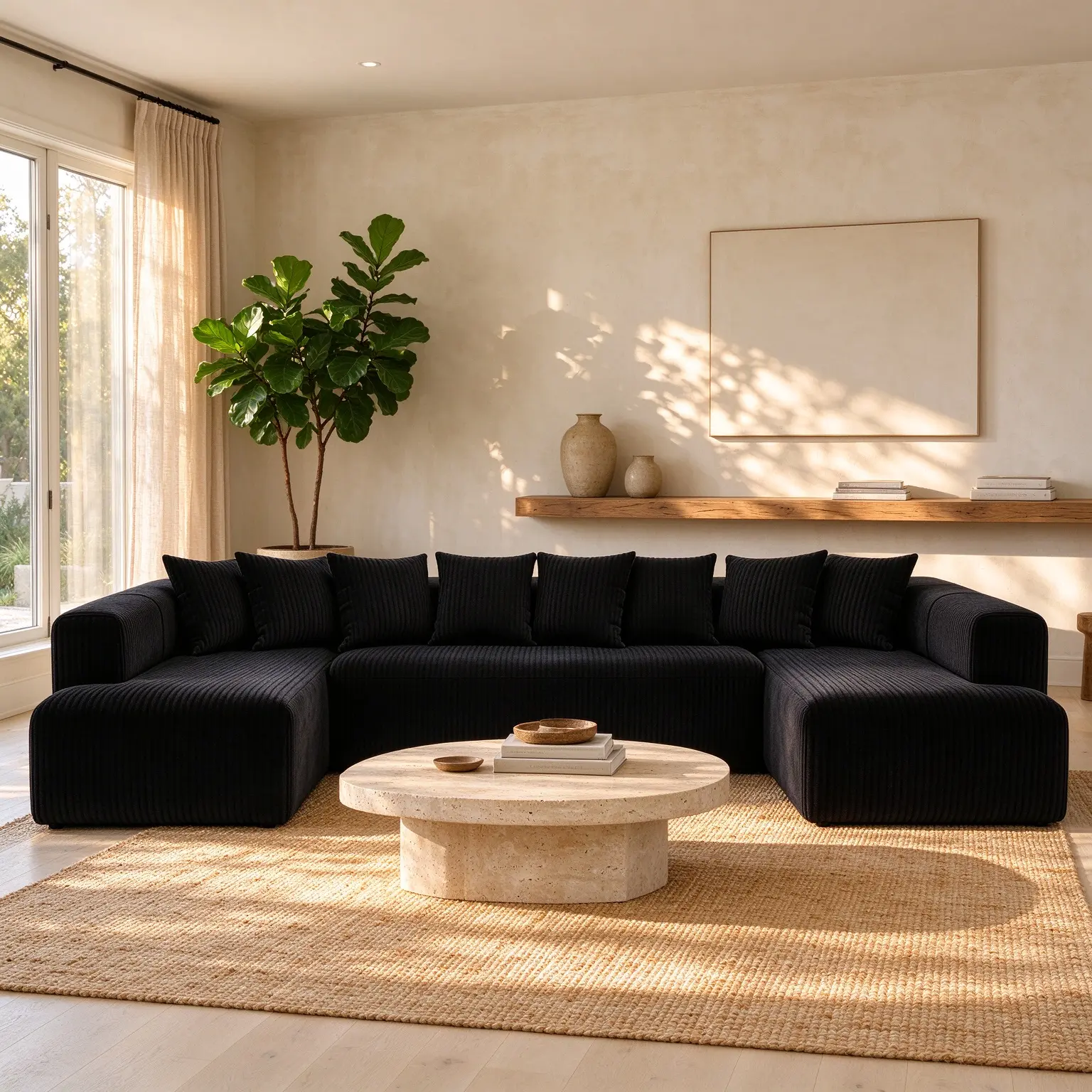 146'U-Shape Modular Boneless Cloud Couch, Soft Corduroy Upholstered Relax Sofa, Oversized Symmetrical Corner Couch, Striped Fabric Deep Seat Sofa for Living Room, Family Gathering Large Modular Home Furniture