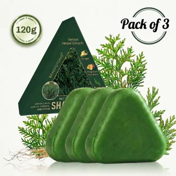 Natural Triangular Shampoo Bars (3-Pack) - 7 Green Formulas with Cacumen Biotae, Isatis Indigotica, Usman Grass - All Hair Types Friendly Haircare Shampoo