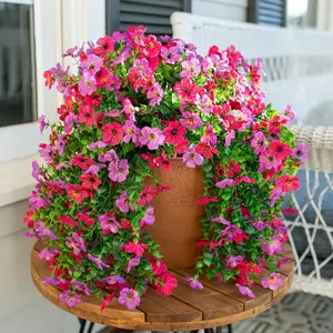 Artificial Faux Hanging Flowers Plants for Outdoor Decor, 2 PCS Outside Fake Silk Violets with Eucalyptus UV Resistant Realistic Daisy Trailing Vines for Planter Balcony Porch Patio Yard, Purplepink