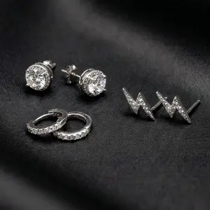 Silver CZ Earrings Set of 3 - Silver Studs, Classic Hoops, Lightning Earrings, Minimal Jewelry Set for Women