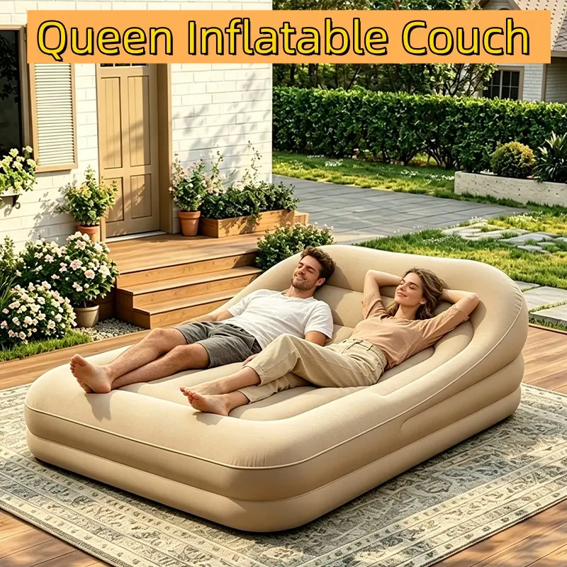 Inflatable Sofa Bed with Pump, Flocked Air Couch with Ergonomic Backrest, Portable Blow Up Lounger for Indoor Living Room, Outdoor Camping, Guest Bed, Beige