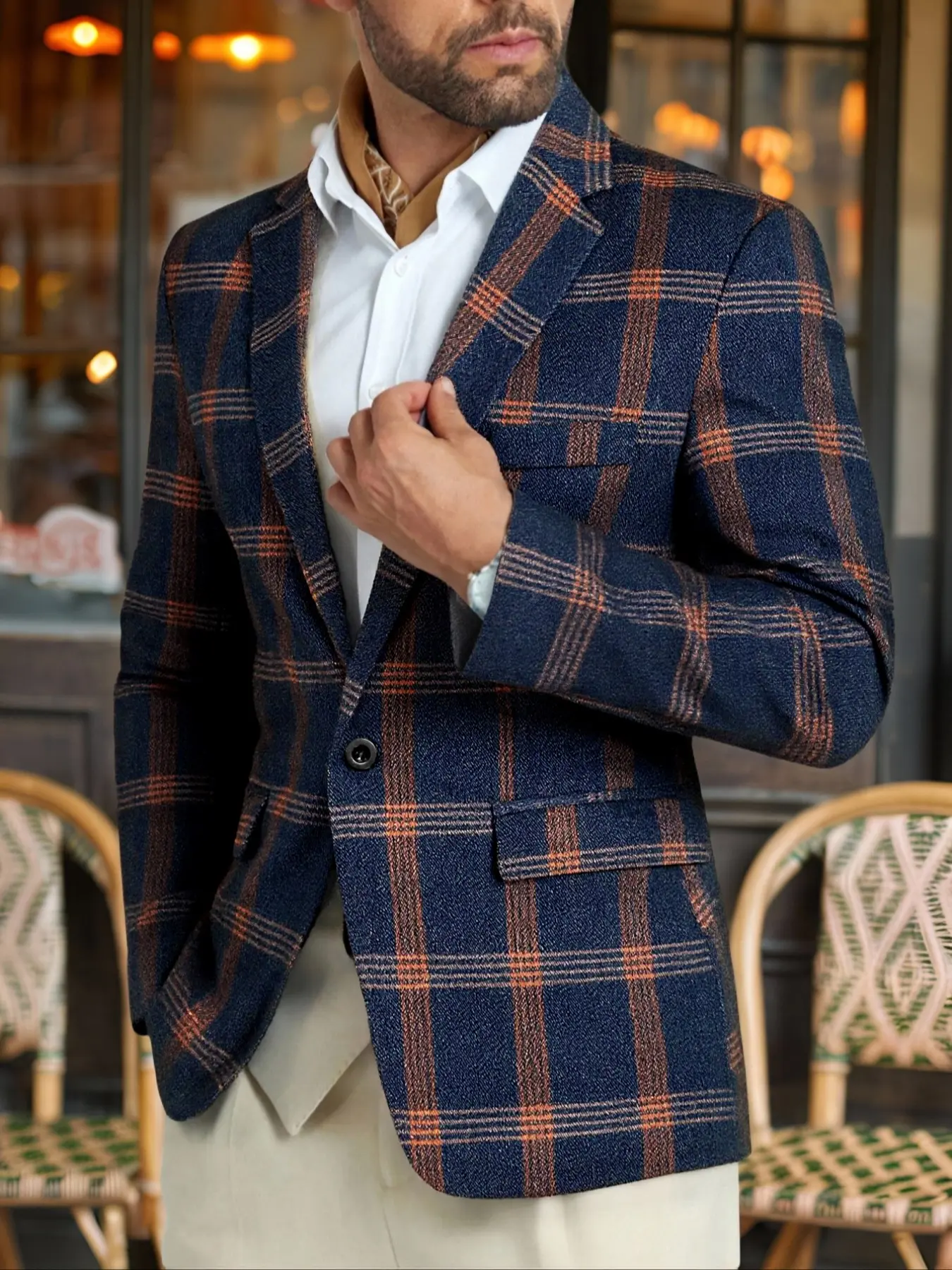 Men's Casual Plaid Suit Blazer Jacket, Formal Elegant Simple Design, Perfect for Business & Daily Wear, Fitted Woven Fabric, Moderate Thickness