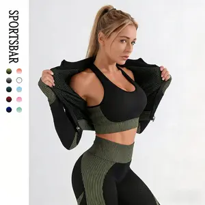 Women's Ribbed Seamless Fitness Clothing, Gym Outfit and Yoga Workout Set Jacket, Sports Bra and High Waisted Leggings 3 Piece Set