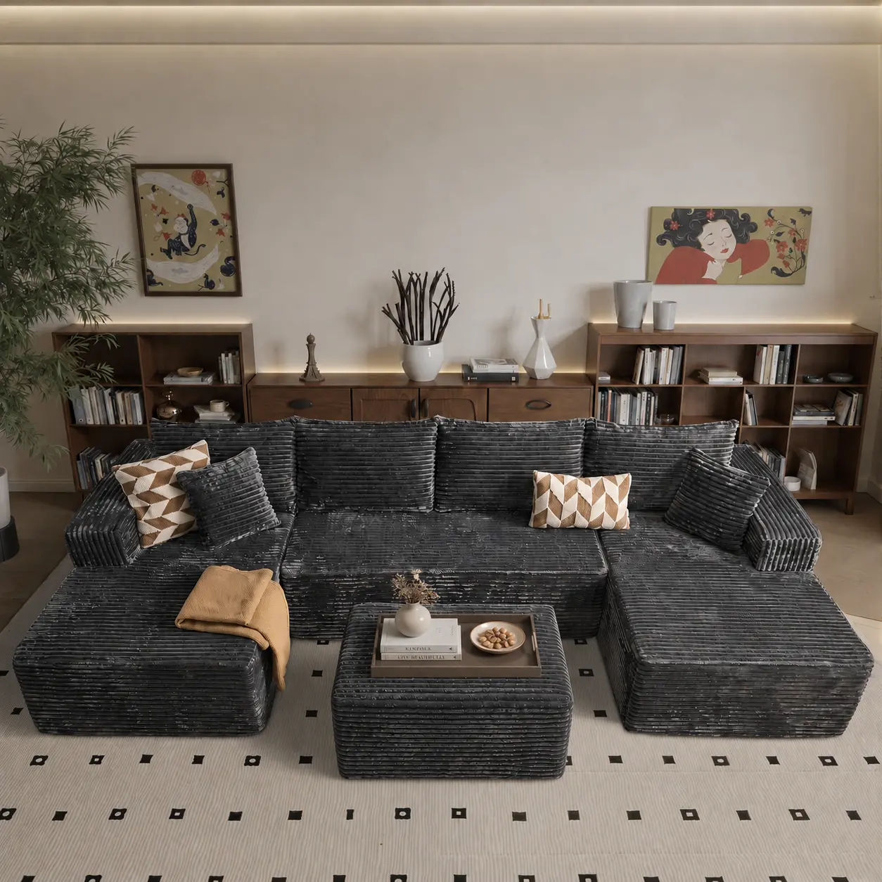 【3 Packages Shipping】 U-Shaped Cloud Sectional Couch Plush Corduroy Modular Sofa with Double Chaise No Assembly Deep Seat Boneless Sofa Set for Living Room Fast Shipping Black Couch Living Room Boneless Furniture