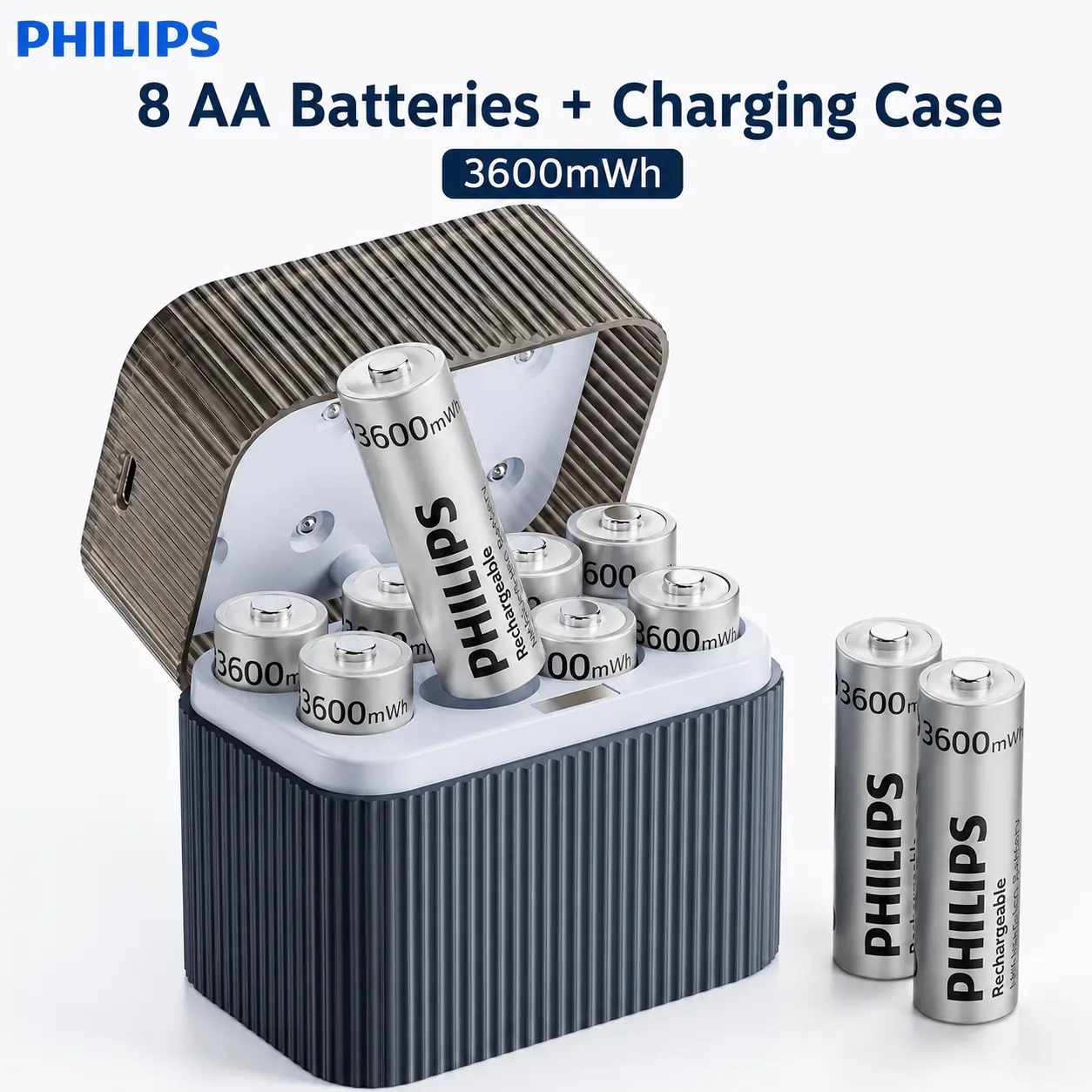 PHILIPS Rechargeable AA Lithium Batteries 8 Pack, 1.5V 3600mWh with 8-Slot Charging Case, Up to 1200 Recharge Cycles