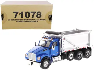 Kenworth T880S SFFA Tandem Axle with Pusher Axle OX Stampede Dump Truck Blue and Chrome 1/50 Diecast Model by Diecast Masters