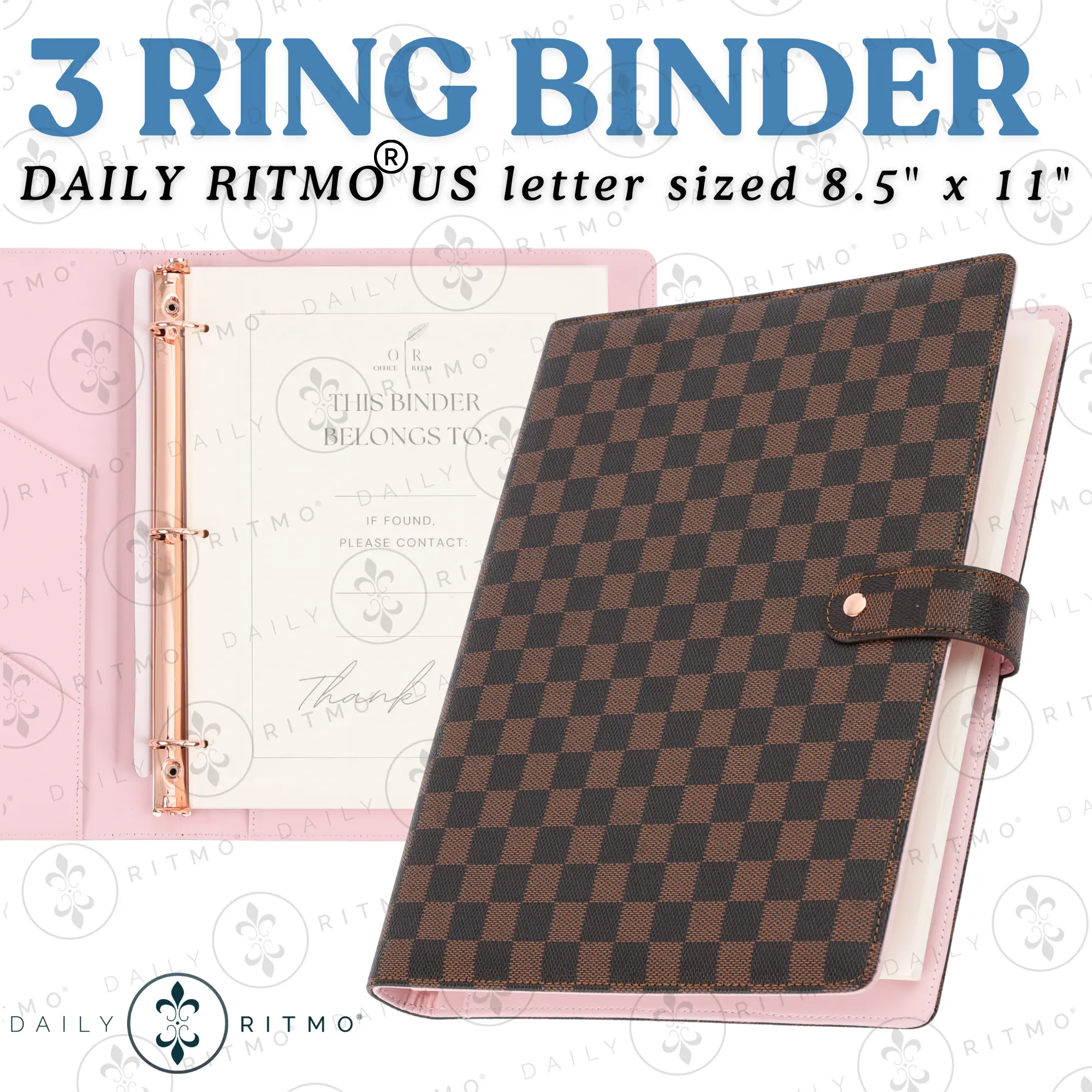 DAILY RITMO PU Leather 3-Ring Checkered Important Document Binder - 1 in, Letter Size (8.5x11 in) with 26lb Loose Leaf Note Paper, Back to School Shopping Teacher Stationery Supplies, Desk Accessories, Office Accessories