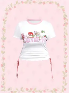 Strawberry Shortcake Women's Plus Size Crew Neck Ruched Short Sleeve T-Shirt - Strawberry Shortcake Cartoon Graphic, Spring-Summer Wear
