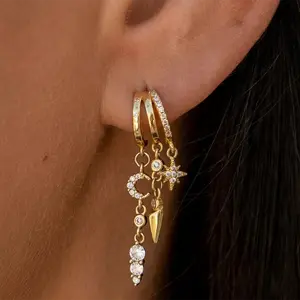 Women's dangling earrings, 14k gold-plated three-hoop stud earrings, tassel earrings, delicate cross and crescent moon design, gold-plated jewelry.