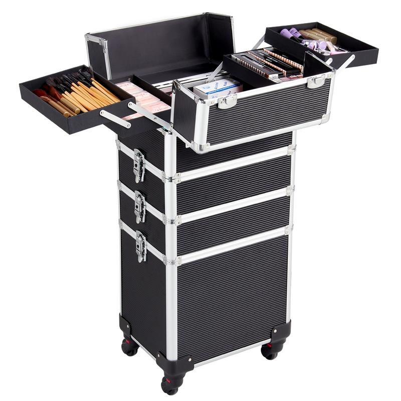 Professional 4-in-1 Rolling Makeup Train Case with Removable Wheels, Large Aluminum Cosmetic Trolley Organizer for Travel and Storage