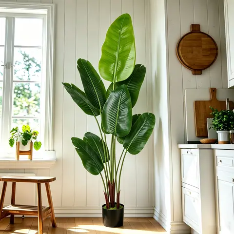 DLDA Adjustable 5ft-6ft (60in-72in) Artificial Bird of Paradise Tree, Lifelike UV-Resistant Plastic Faux Tropical Potted Plant, Low-Maintenance Minimalist Industrial Decor for Wardrobe, Garage, Aesthetic Chic Home Decor (Round Black Basin)
