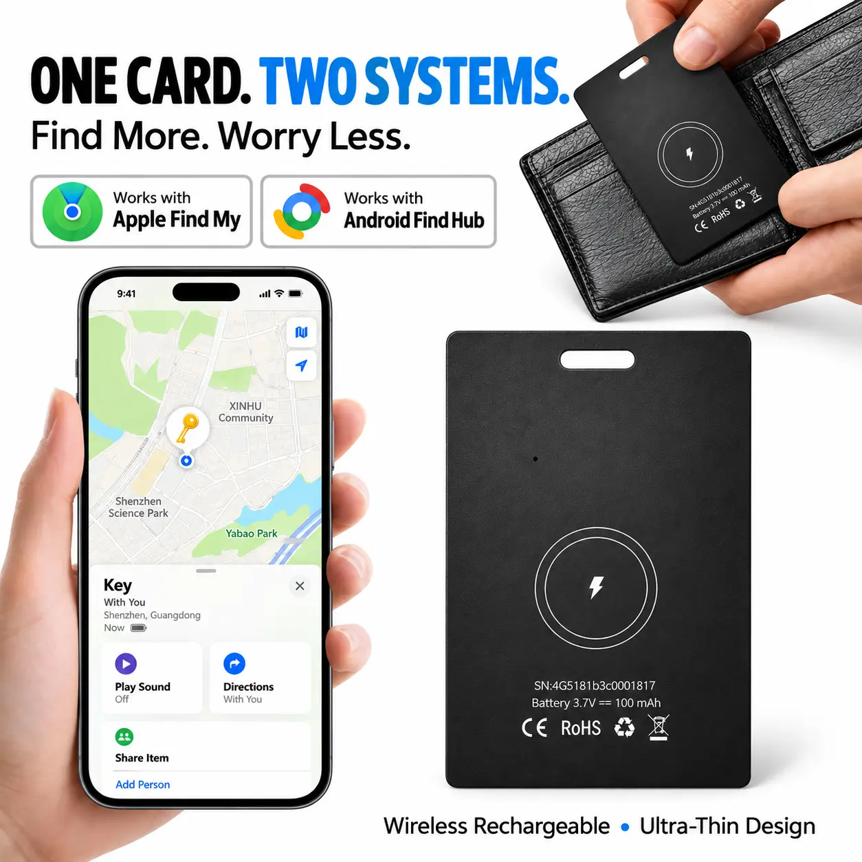 Bluetooth Wallet Tracker Card Item Finder - Credit Card-Sized, Keyhole Slot, Button Control, iOS & Android GPS Locator, 5-10 Year Long-Lasting Battery, Home Security Gadget, Ideal Mothers' Gift