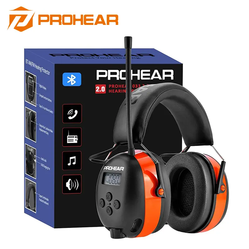 PROHEAR 033 2.0 Over-Ear Bluetooth 5.2 Safety Earmuffs - 31dB NRR Industrial Protection Headset with AM/FM Crystal-Clear Radio Play, Smart Display, AA Batteries, Durable Lightweight ABS Shell for Construction Outdoor Work