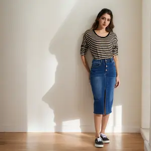 VOSSMARY Women’s Mid-Rise Button-Front Denim Midi Skirt, Stretch Cotton Blend Pencil Jean Skirt with Front Slit, 5-Pocket Casual Jean Skirt for Women