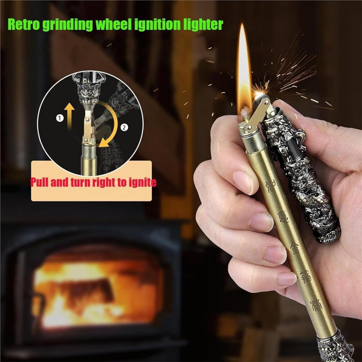 Retro Bronze Brass Nunchaku Kerosene Lighter Rotatable Decompression Rod Cool Wukong Design Rare Flame Gadget Large Oil Tank Novelty Collectible For Men BBQ Camping Outdoor Gift(NO Fuel)