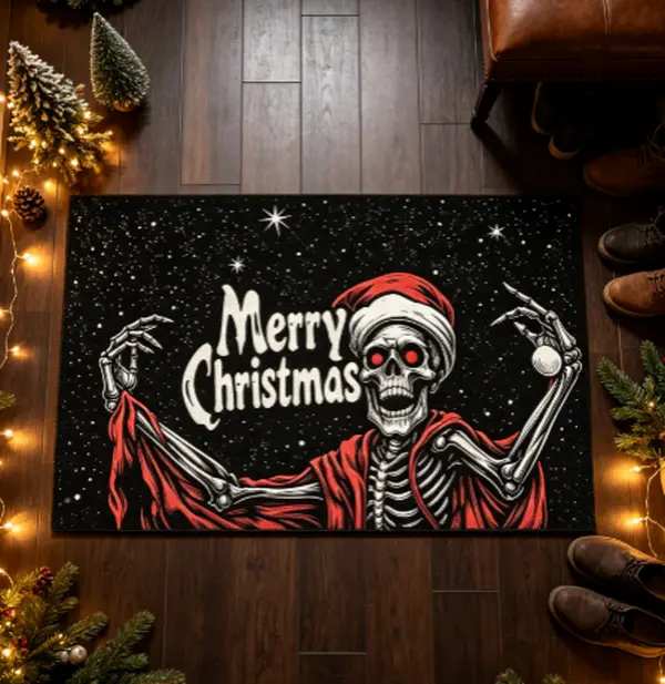 Spooky Christmas & Halloween Doormat - Gothic Santa Skeleton with Merry Christmas Text - Non-Slip Entry Mat - Machine Washable Polyester Floor Mat for Indoor/Outdoor - Halloween and Christmas Decorations - Perfect Horror Holiday Housewarming Gift
