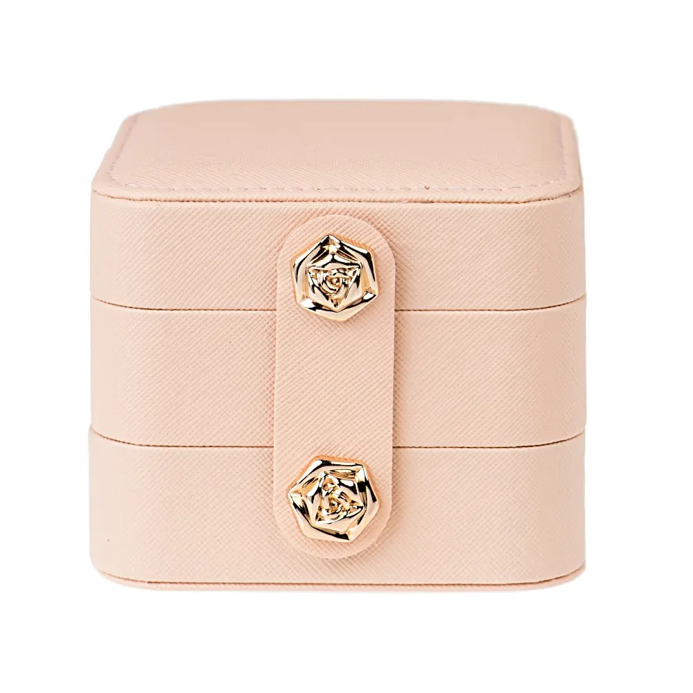 JTV Pink Layered Jewelry Organiser - 3-Layer Portable Small Storage Box with Rose Snap Close, 3.75x3.75x3.15in Bedroom Home Organizer Bin (No Excessive Bulk)