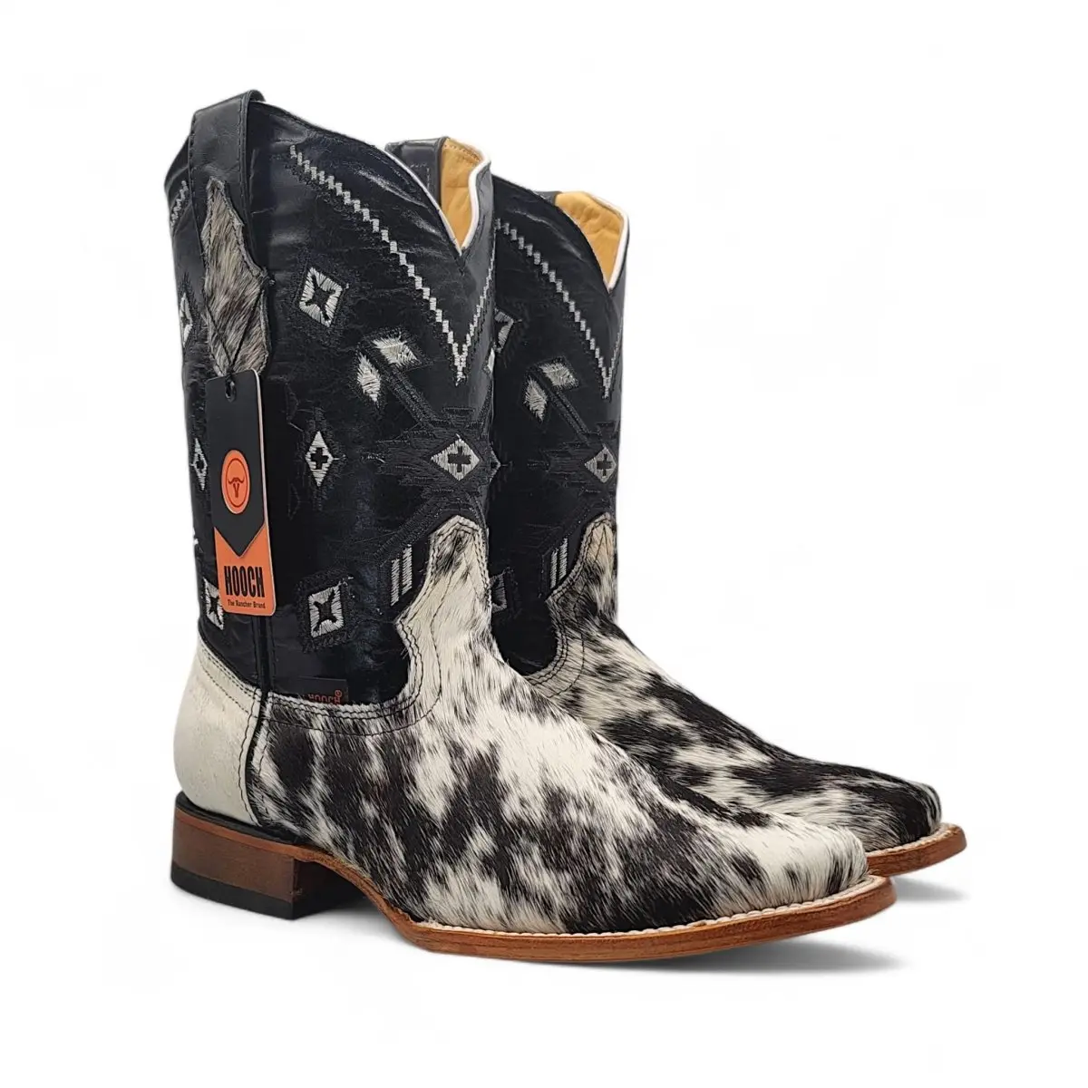 Bota Vaquera para Hombre de Piel Vacuno con Pelo Natural Blanco y Negro Punta Cuadrada – Hooch Boots