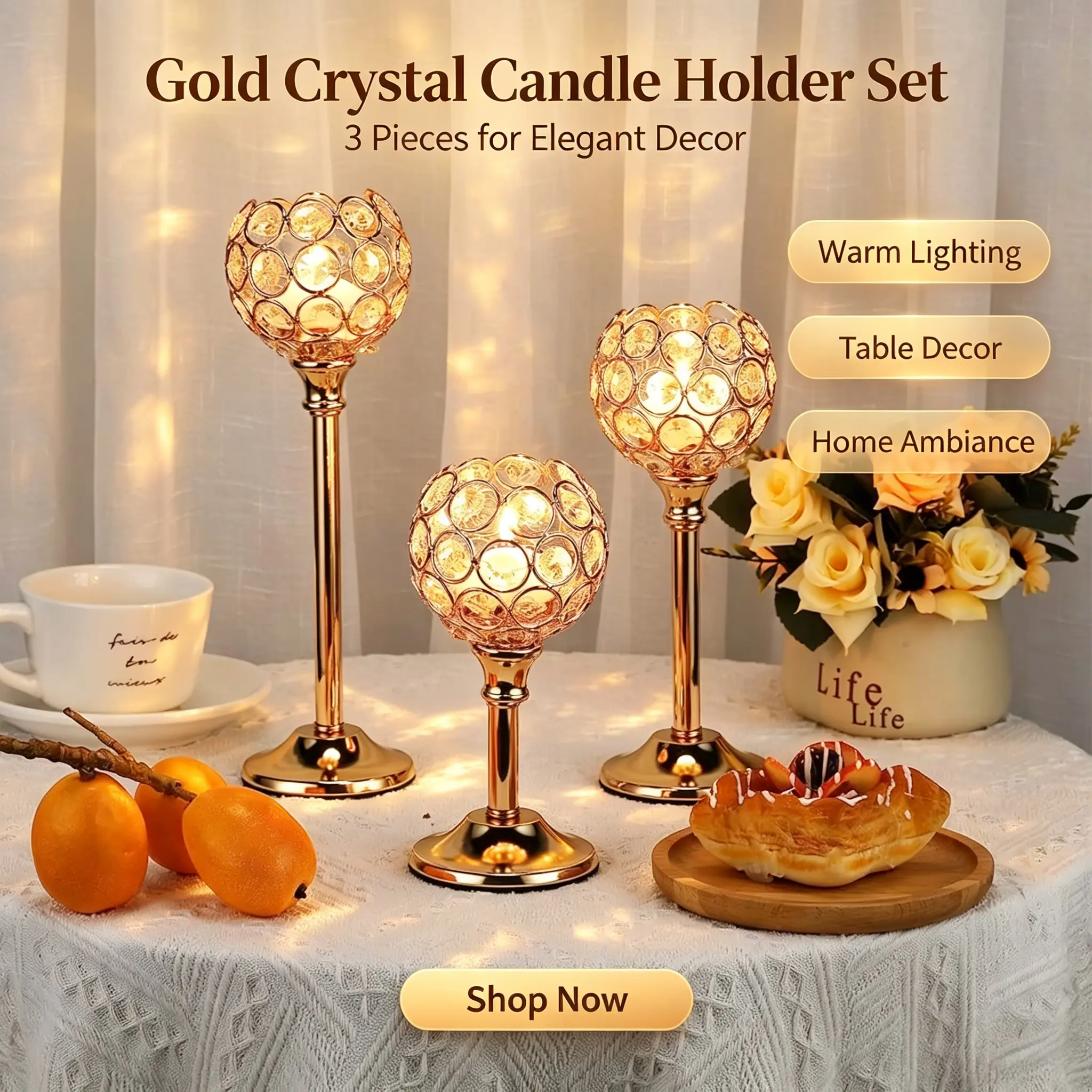 Glam 3-Piece Crystal-Iron Candlestick Candle Holders - Tall Gold Luxe Finish Votive Tealight Holders, Indoor Living Room Decor for Weddings, Warm Lighting Ambiance, Candles Not Included (Glam Center Trio)