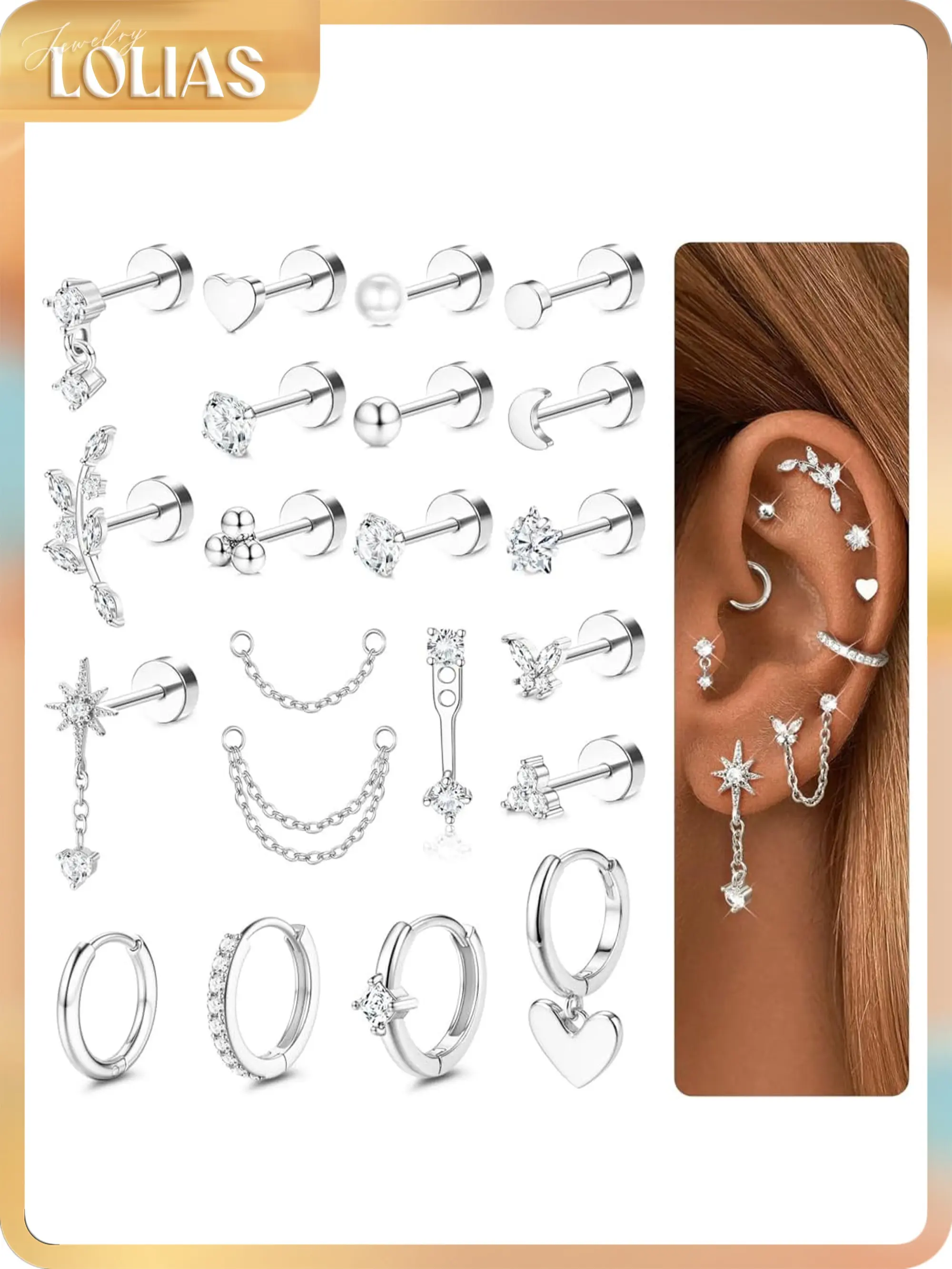 LOLIAS 21Pcs Helix Piercing Jewellery Tragus Earrings Set Flat Back Earrings Helix Hoop Tragus Stud Cartilage Earring Conch Rook Piercing Jewellery