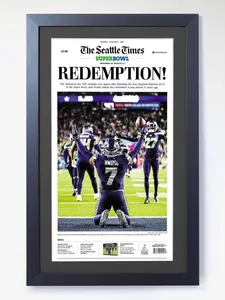[Sale Up To 30%] + [Free Ship] 2026 Seattle Seahawks - REDEMPTION! Seahawks Pick-Six Patriots to Win Super Bowl LX Framed Newspaper (No Frame)