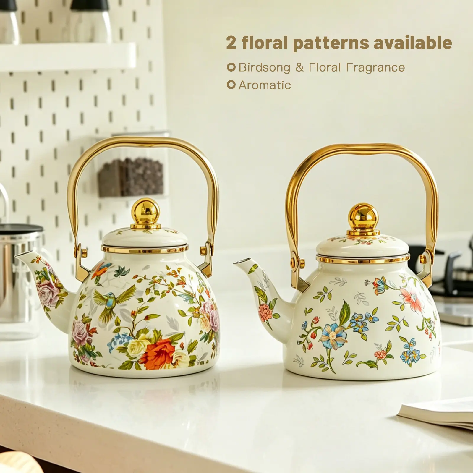 1.2L Aromatic Floral Print Enamel Teapot with Enamel Body, Built-in Infuser for Loose Tea, Stovetop-Safe High-Temperature Resistance, Thickened Design for Kitchen Afternoon Tea Gatherings, Teapot For Stovetop, Tea Pot With Infusers For Loose Tea
