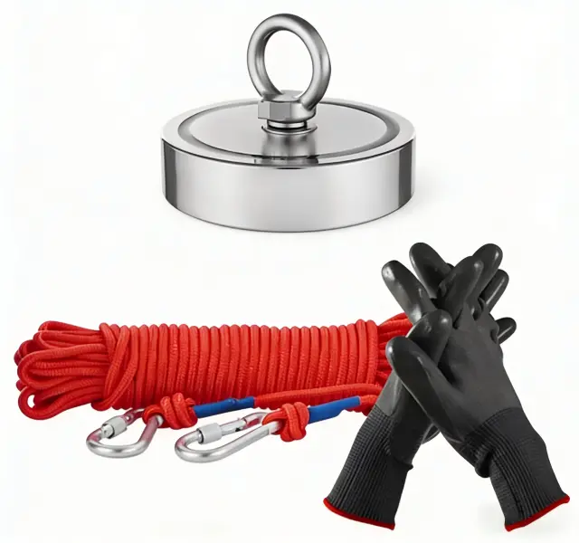 Magnet Fishing Kit, Double-Sided Permanent Neodymium Magnets with 353 lbs (160KG) Pull Force, 6mm x 20m (65ft) Rope + Anti-Slip Gloves, Heavy-Duty for River, Pond & Lake Recovery