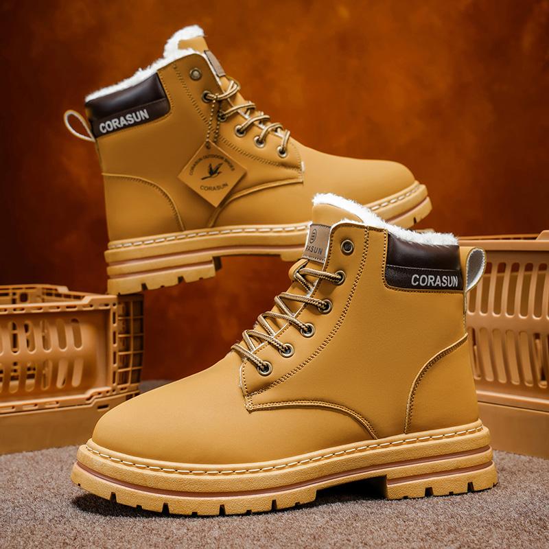 CORASUN 2025 US multi warehouse shipment for autumn and winter men's mid top sports and leisure shoes with fleece snow boots, anti slip work boots, leather covered outdoor boots, fashionable motorcycle boots