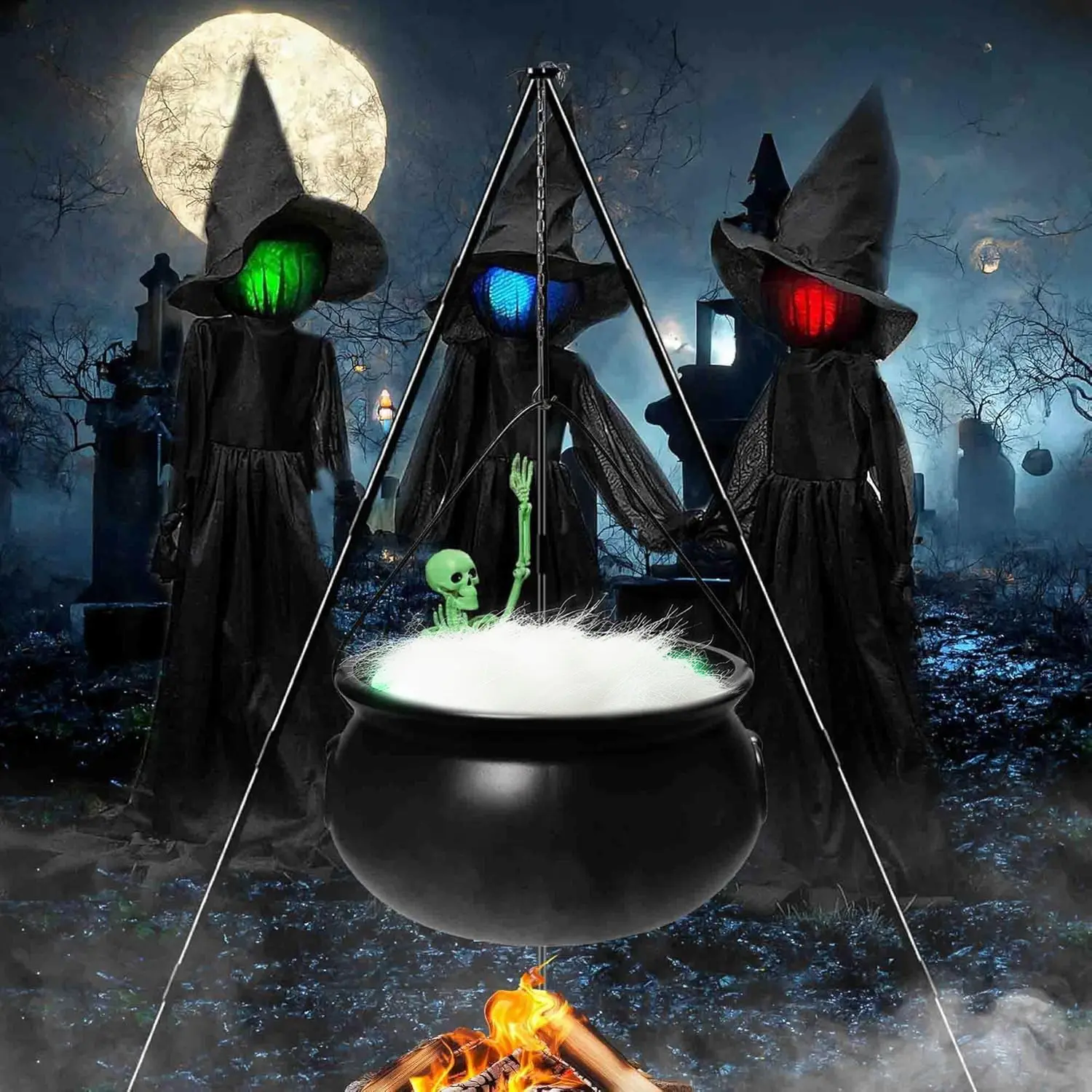 Halloween Party Witch Cauldron Decoration Set, Festive Home Decoration, Spooky Foam Magic Kit for Garden Lawn Indoor Dn Decor, Metal Shelf & Skull Stand, Plastic Pot