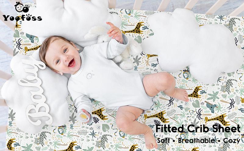 Yoofoss Baby 100% Cotton Crib Sheets for Newborn Boys Girls, Fitted Crib Sheet 2 Pack for Standard Crib and Toddler Mattress, Super Soft Baby Sheet