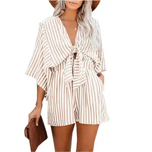 Women's Striped Print Knot Front Romper, Casual Batwing Sleeve Pocket Jumpsuit, Ladies Flattering Silhouette Clothes for Summer Daily Wear Back To School, Rompers for Women Outfit Overallssummer outfits