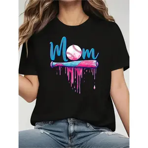 Baseball Mom Graphic T-Shirt for Casual Wear Featuring Bat and Pink Drip Design Ideal Mother's Day Gift for Active Sports Mothers All Season Comfort
