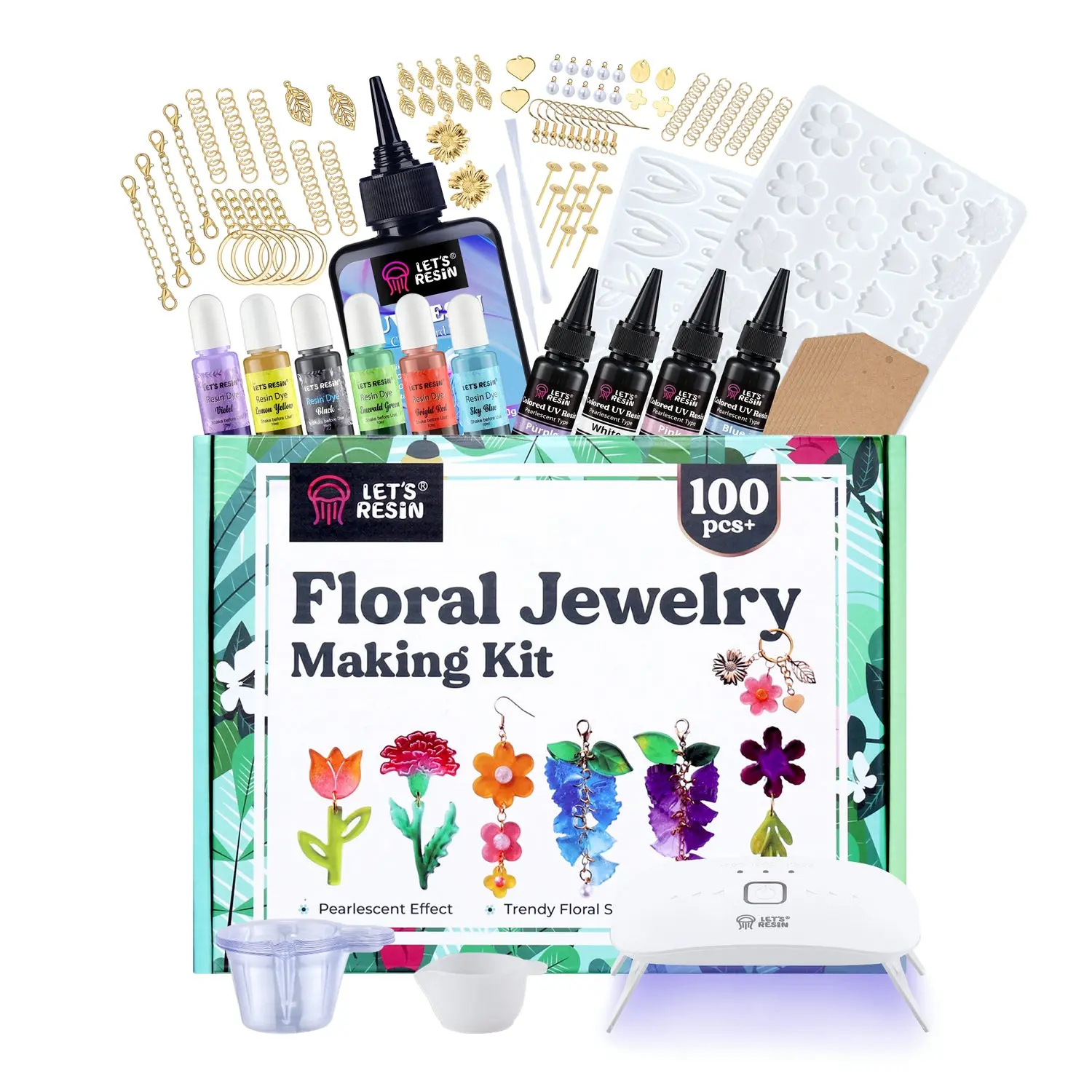 200 PCS Floral UV Resin Jewelry Making Kit, All-in-One Flower Kit with UV Light, Clear & Pearlescent Resin, 3D Molds, DIY Earrings Craft Set - LET'S RESIN #SummerVibes