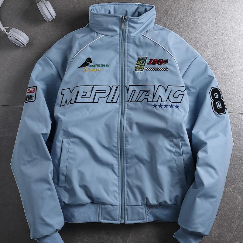 Men's Racing Style Bomber Jacket - Graphic Print with Patch Details, Stand Collar Design, Fleece Fabric Offers Comfort and Warmth, Perfect for Casual Street Style, Everyday Wear, or This Season's Trendy Sporty Look Coats Long Sleeve