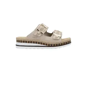 Rieker Regina Summer Sandal - Coffee Brown Leather with Velcro Closure Round Toe Plain Design Comfortable Fit 1.7" Heel Light PU Outsole - Shoe