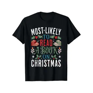 Funny Christmas Family T-Shirt - Most Likely to Read a Book with Holly & Berries Design - Lightweight Washable Short Sleeve Book Lover Shirt Suitable for Men & Women, Holiday Celebrations & Year-Round Wear