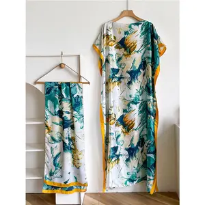 Women's Floral Print Long Sleeve Cape Shawl & Scarf Set, Elegant Casual Silk Scarf & Shawl Set for Beach Vacation, Boho Style Shawl, Fashion Accessories for Women