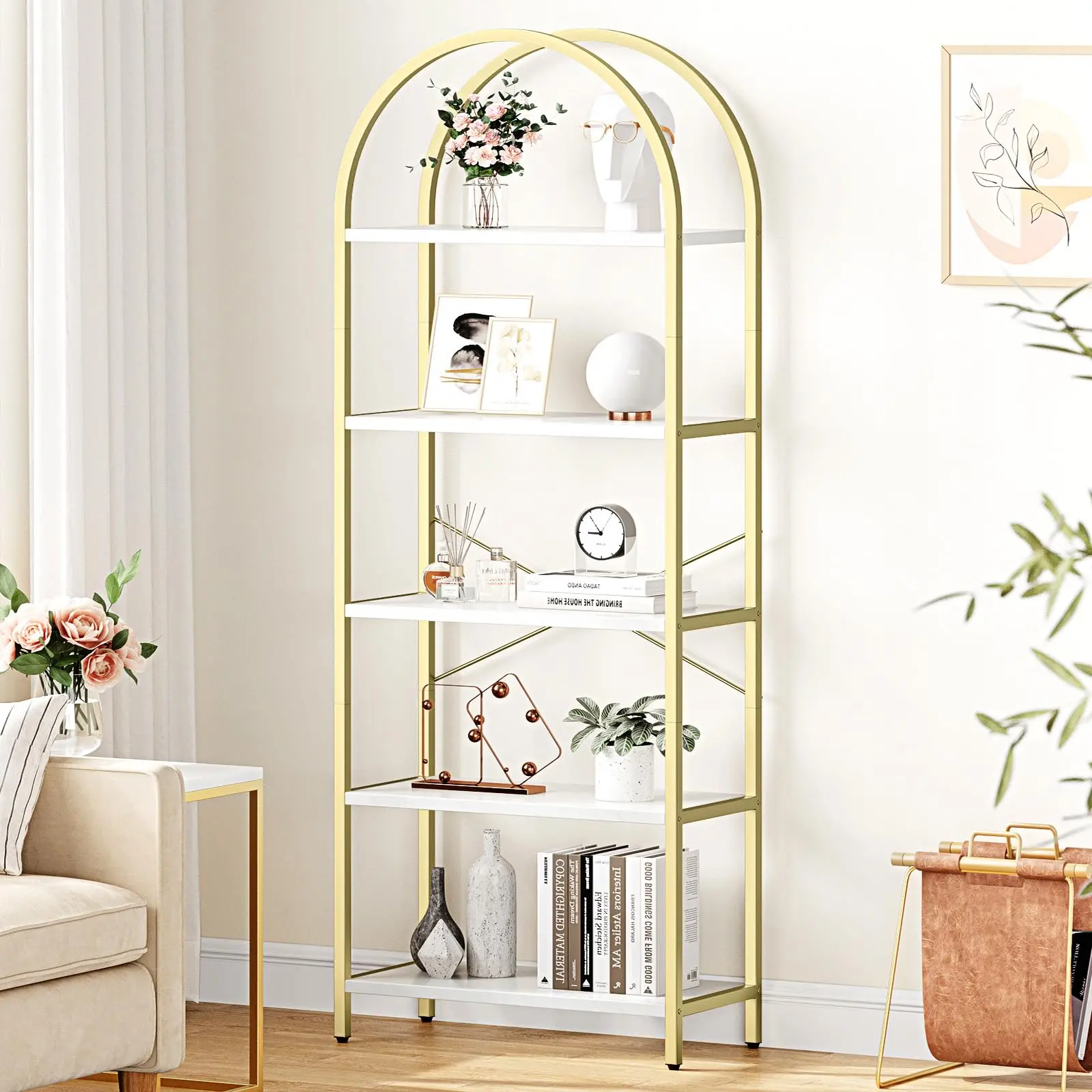 5-Tier White + Gold Arched Bookshelf - Modern Metal Frame Wood Storage Shelves, Easy Installation, Adjustable Smooth Shelves, Tall Standing Organiser for Bedroom, Home Office, House Decor, Clean Aesthetic Collectibles Display, Anti-Tip Strap