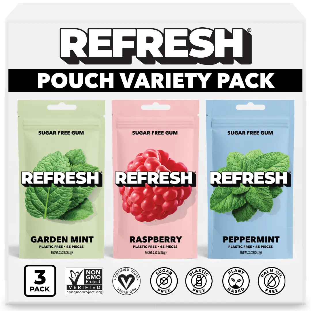 Refresh Gum Best Selling Bundle, Xylitol – Sugar Free Chewing Gum Pouch, Natural Flavor & Organic Ingredients – Long Lasting, Plant-Based, Non-GMO – 3 pack of 45 Pieces Coconut