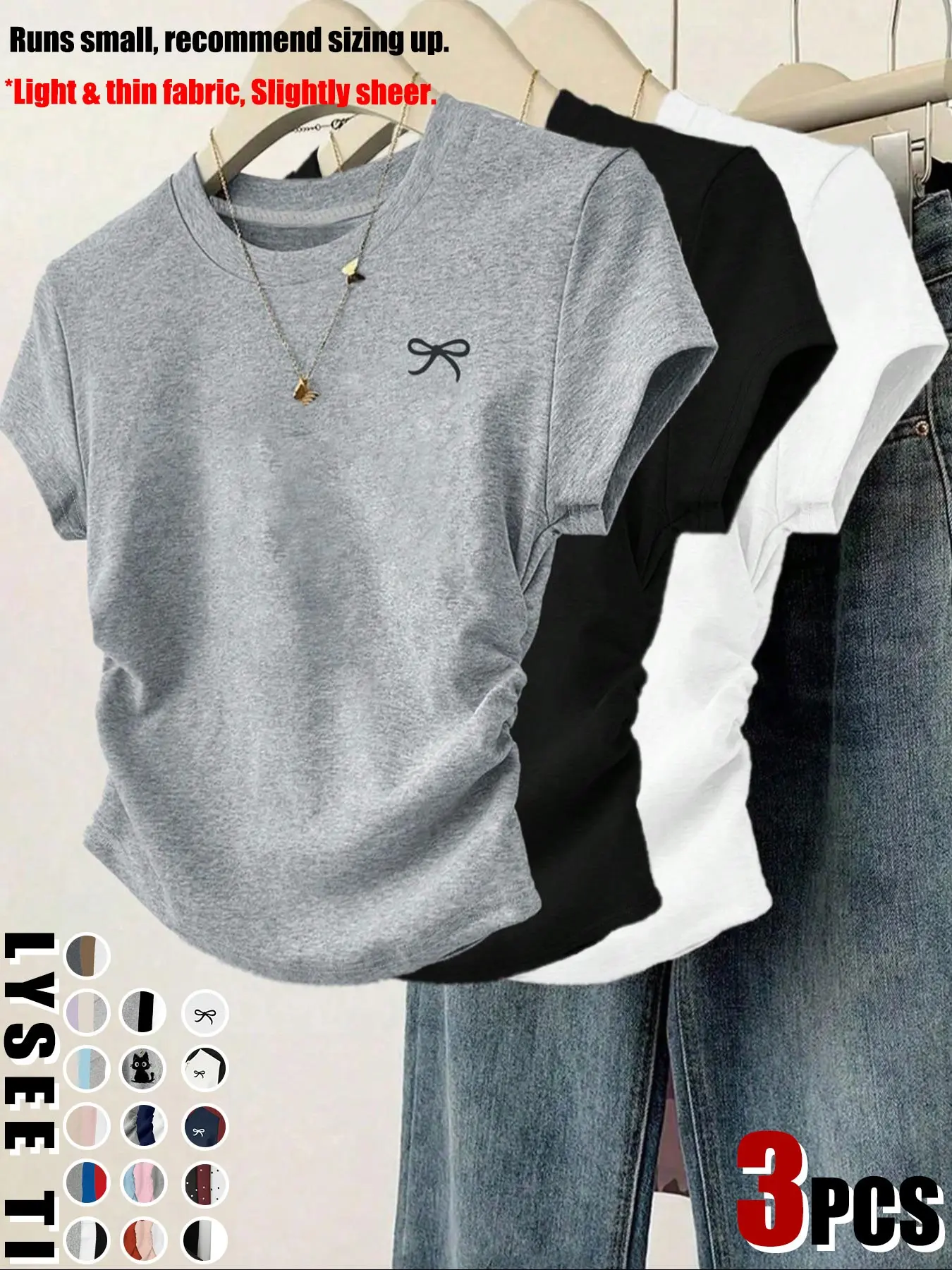 3pcs/1pc women's casual fashion Style slim fit small bow print details simple solid color pleated pullover shirt women's round neck short sleeved T-shirt Tops