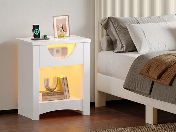 Bestier Nightstands Set of 2 with Charging Station, Modern LED End Table Bedside Table with Drawer for Bedroom, Living Room