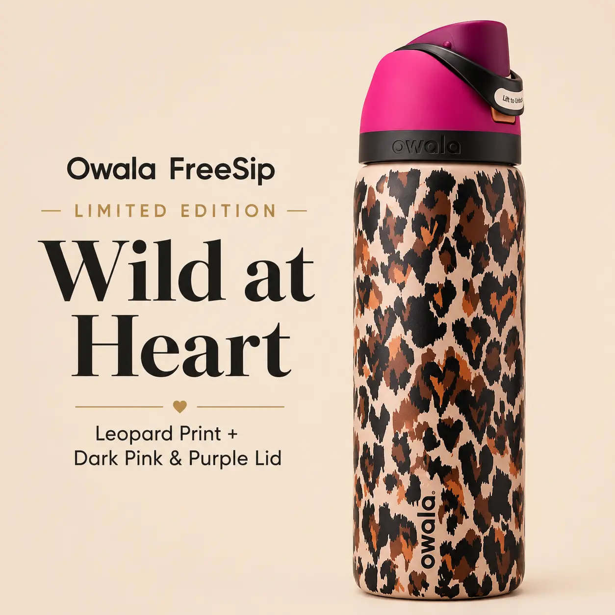 Owala FreeSip Limited Edition Wild at Heart Leopard Print Dark Pink & Purple Lid Water Bottle