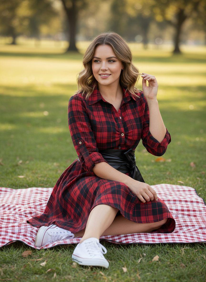 1950S 3/4 Sleeve Plaid Belt Dress Casual Outfits Women Collared Black Vintage Check Leather Womenswear