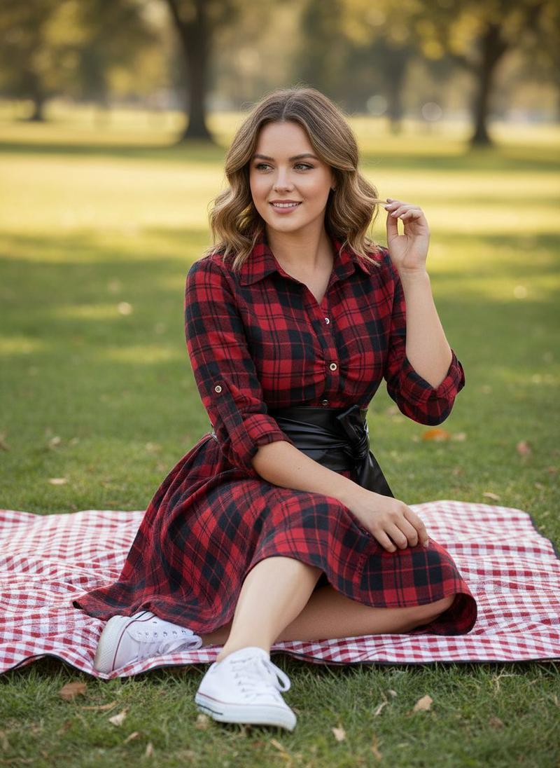 1950S 3/4 Sleeve Plaid Belt Dress Casual Outfits Women Collared Black Vintage Check Leather Womenswear