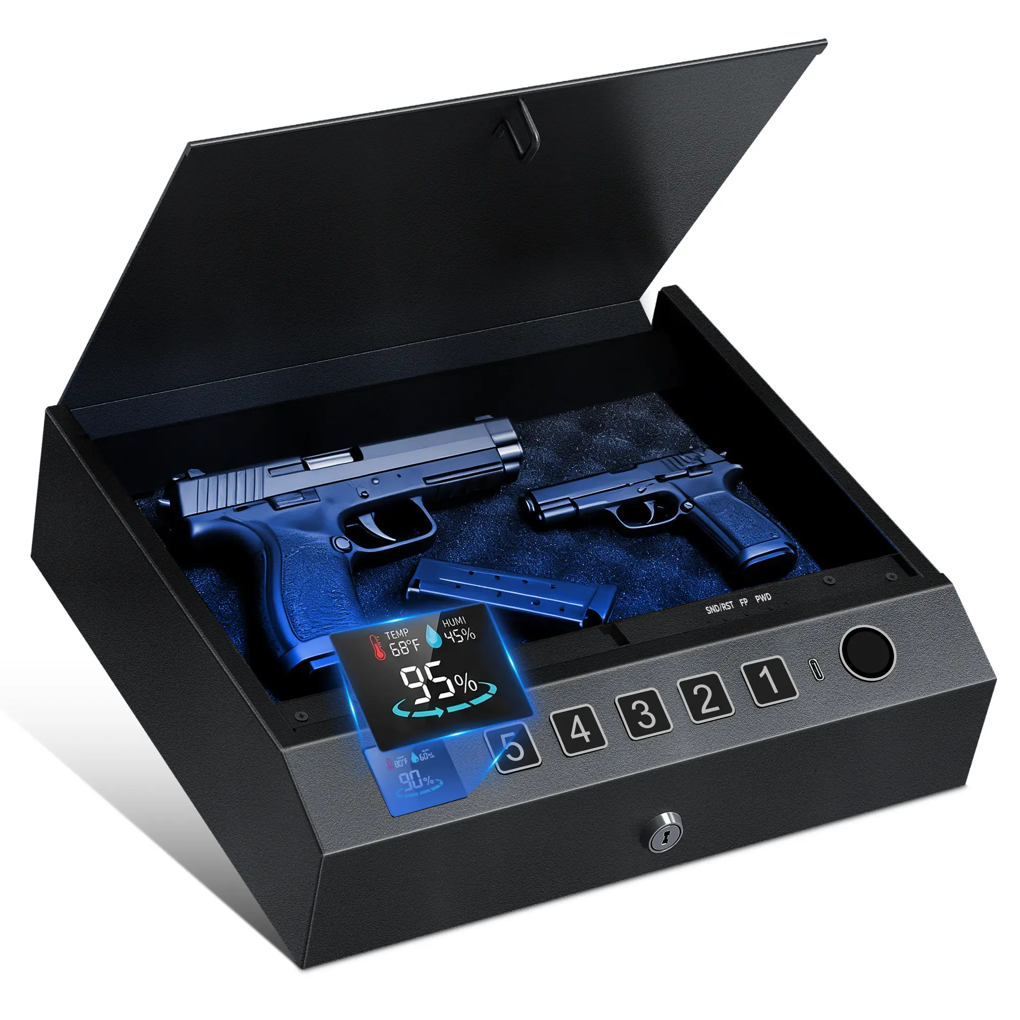 [Summervibes] CTSAFEPRO Fingerprint Gun Safe - 1-Second Quick Access, 3 Unlock Modes, LED Light, Temperature Display, Anti-Theft Security Cable, Steel Body, LED Screen, Wall Mount - Portable Power Bank for Nightstand, Home Protection