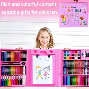 208 PCS Art Supplies, Drawing Art Kit for Kids, Art Set with Double Sided Trifold Easel, Oil Pastels, Crayons, Colored Pencils, Watercolor Pens Gift for Girls and Boys, Pink