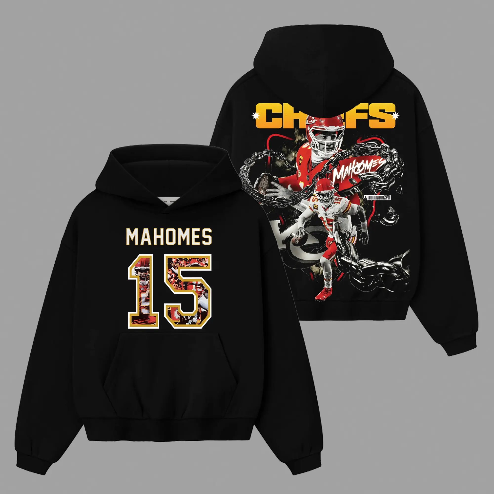 Patrick Magic Mahomes 15 Chiefs Kingdom Outfit Cotton Hoodie Sweatshirt T-Shirt (Made In US), Showtime Mahomes Fans Outfit, Chiefs Kingdom Game Day Outfits, Gift For Football Fans, Football Graphic Hoodie