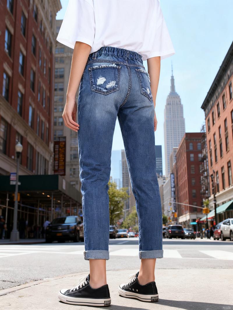 Women's Distressed Skinny Jeans with Red Santa & Reindeer Print Vintage Ripped Design Stretch Waistband for Comfort Holiday Casual Street Style Fit All Seasons Straight Cut Denim Leg Trouser Fabric Womenswear Elastic Stretchable Fitted