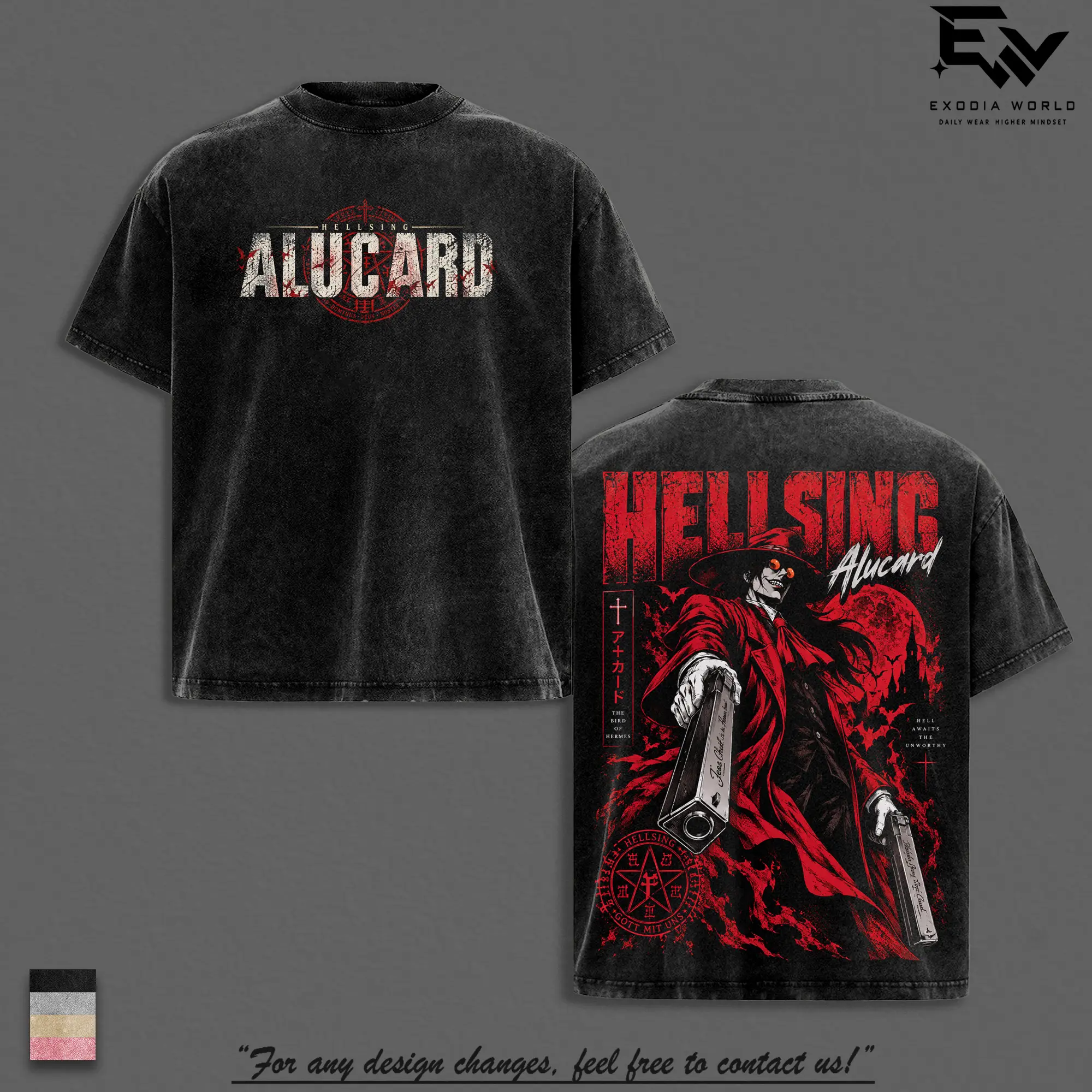 Alucard Hellsing Crimson Vampire Vintage Washed Anime Shirt, Gothic Predator Immortal Power Aura Graphic Tees Men Large Back Print Streetwear Clothes Cotton